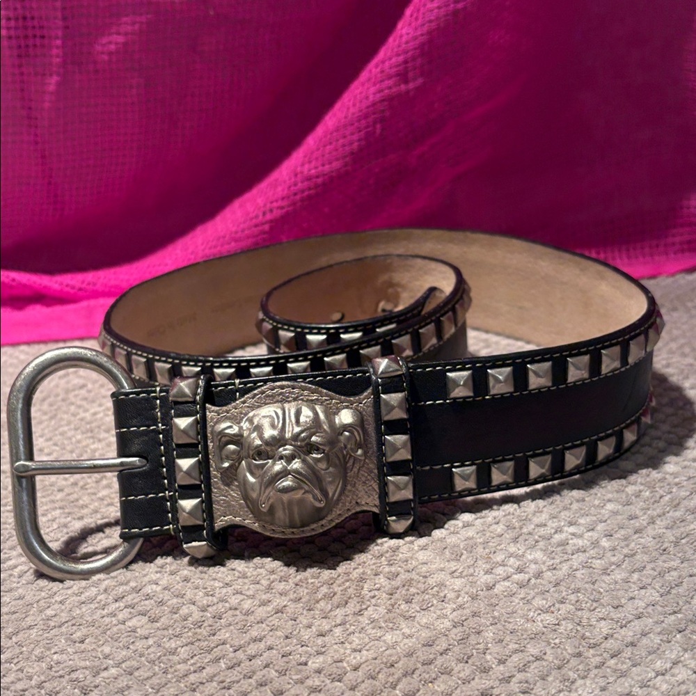 Vintage Betsey Johnson Black Studded Belt with Silver Bulldog Buckle